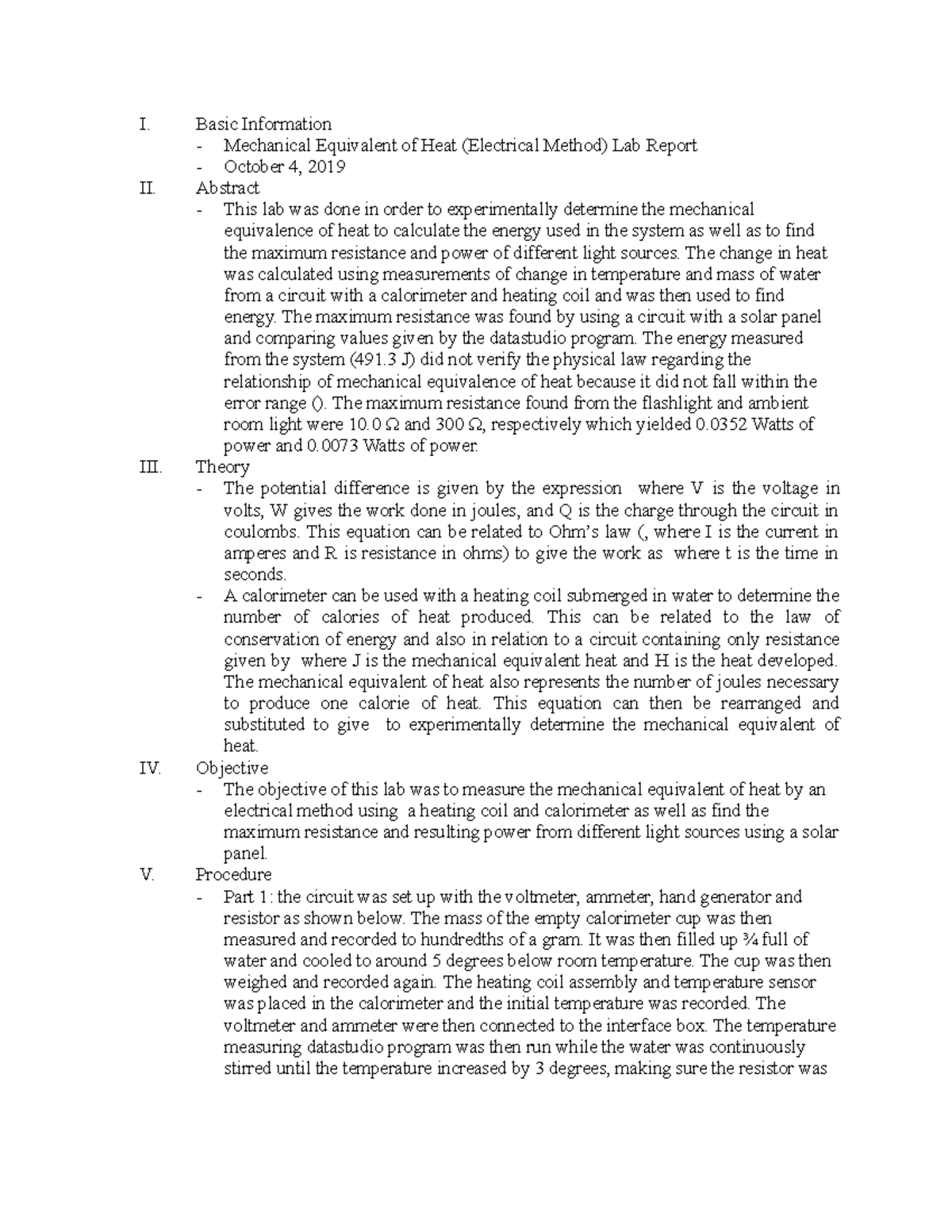 Mechanical Equivalent of Heat (Electrical Method) Lab Report I. Basic