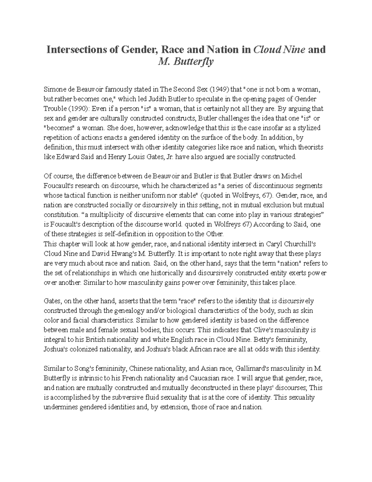 Intersections of Gender, Race and Nation in Cloud Nine and M. Butterfly ...