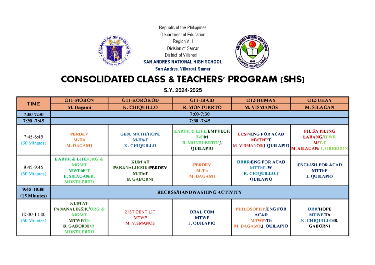 SHS Class & Teacher'S Program SY 2024-2025 - G11-MORON G11-KOROKOD G11 ...