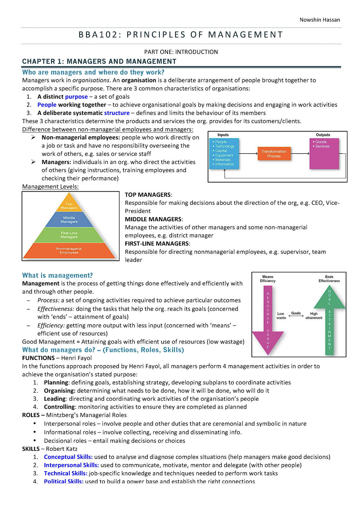 student notes aspects of a business plan management & leadership