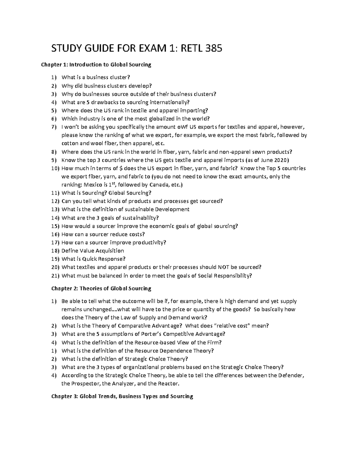 Exam 1 Study Guide - STUDY GUIDE FOR EXAM 1: RETL 385 Chapter 1 ...