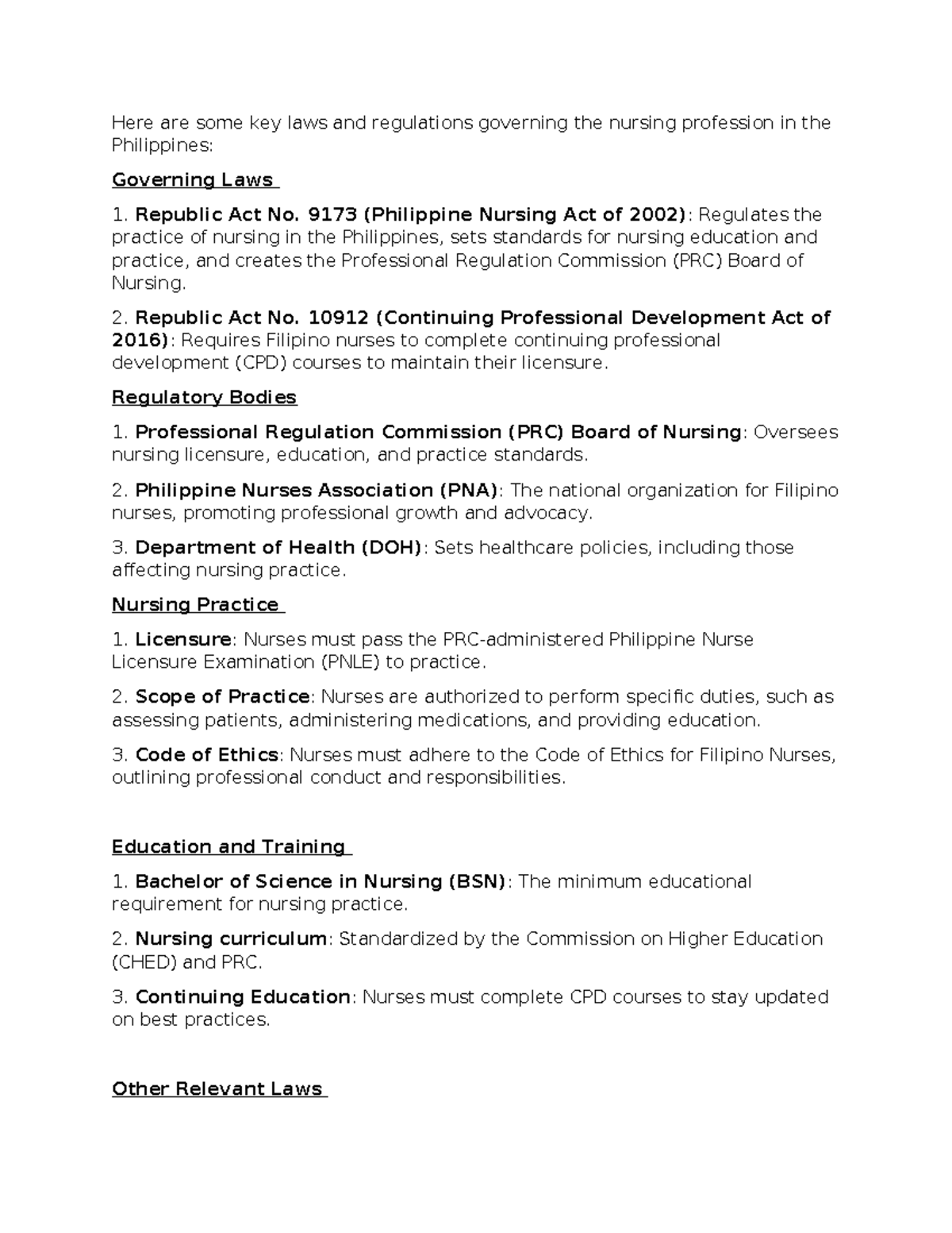 Additional Notes Nursing Ethics - Here are some key laws and ...