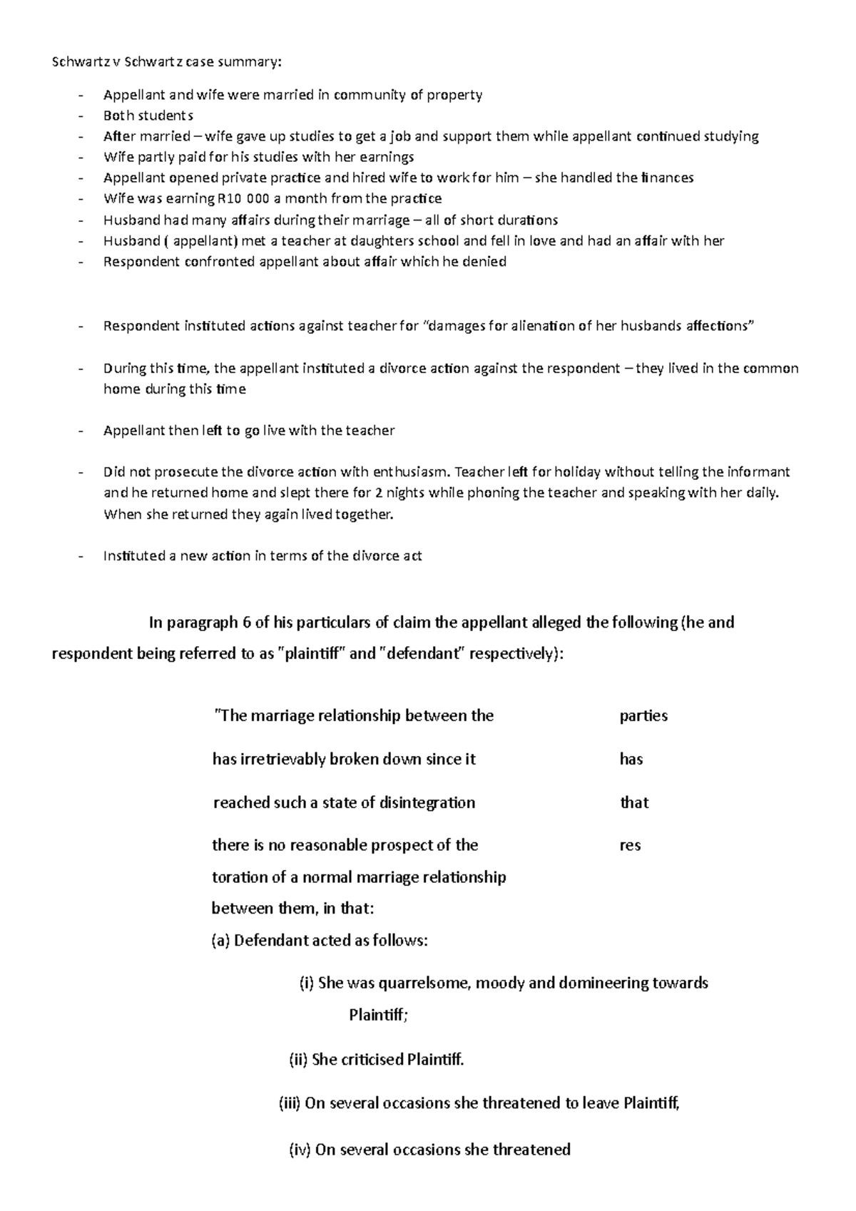 Schwartz v Schwartz case summary- fam121 - Fam121 - UWC - Studocu