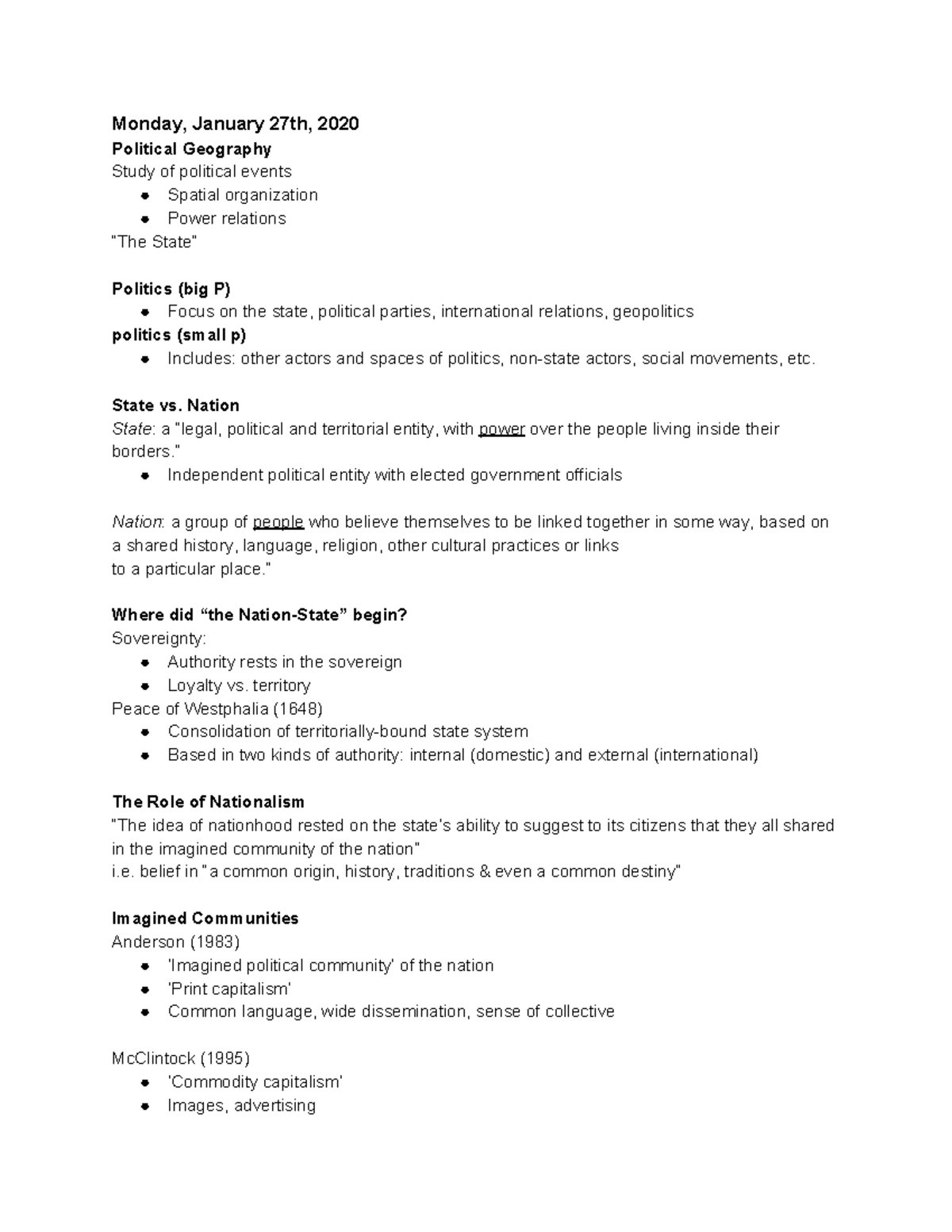 Geog1200 weeks 4-6 (test 2) - Monday, January 27th, 2020 Political ...