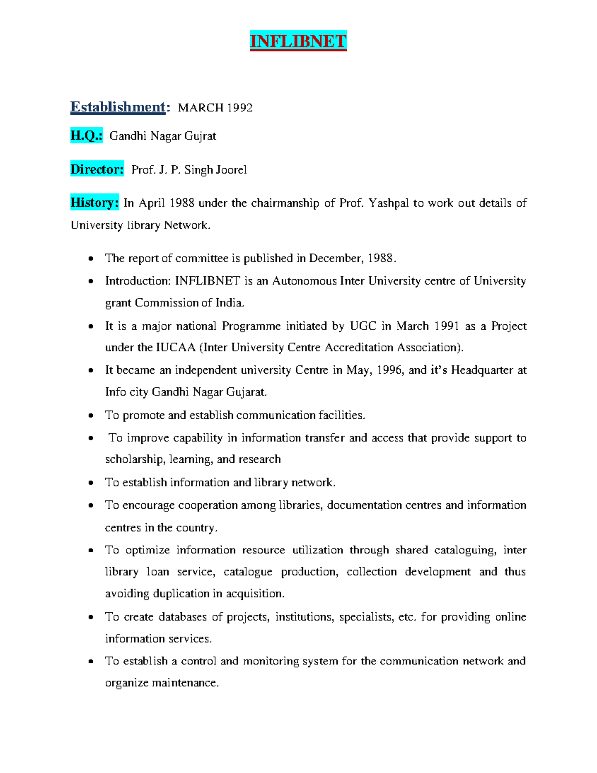 Inflibnet - INFLIBNET Establishment: MARCH 1992 H.: Gandhi Nagar Gujrat ...