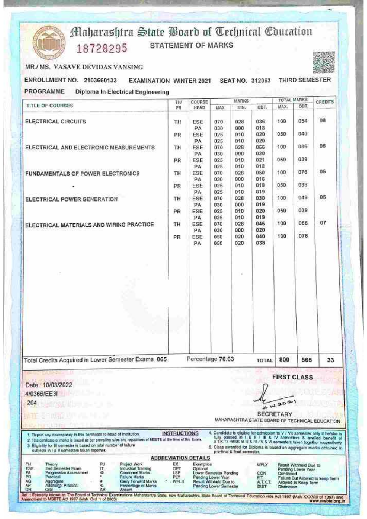 23712310008922 Last Years Marksheet - Electrical engineering - Studocu