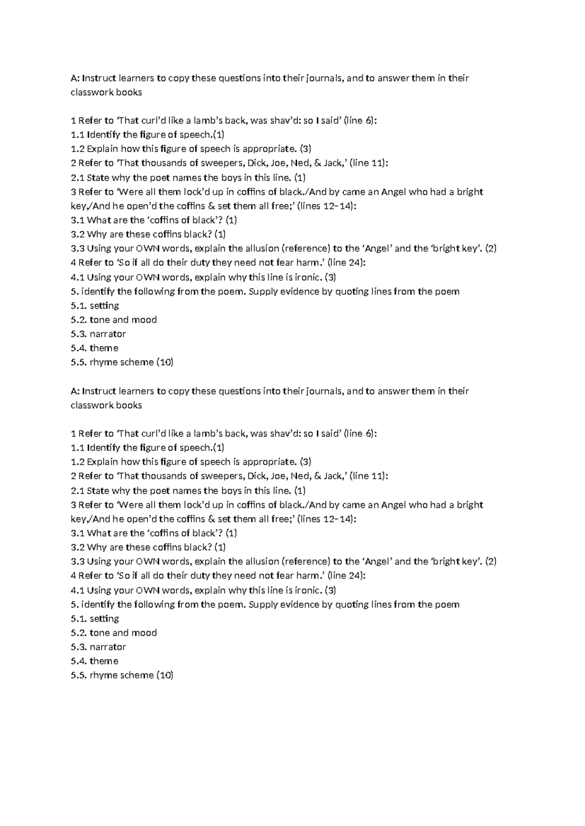 Chimney sweeper questions A Instruct learners to copy these questions into their journals