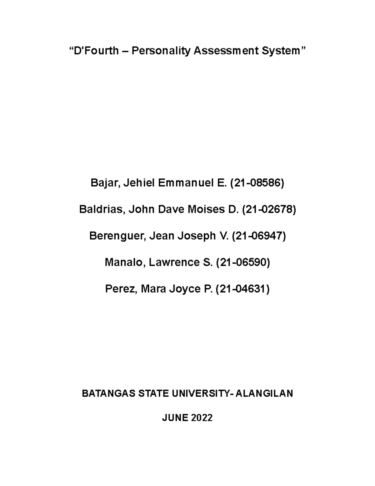 Group 4 EE1203 Final Project - “D'Fourth – Personality Assessment ...