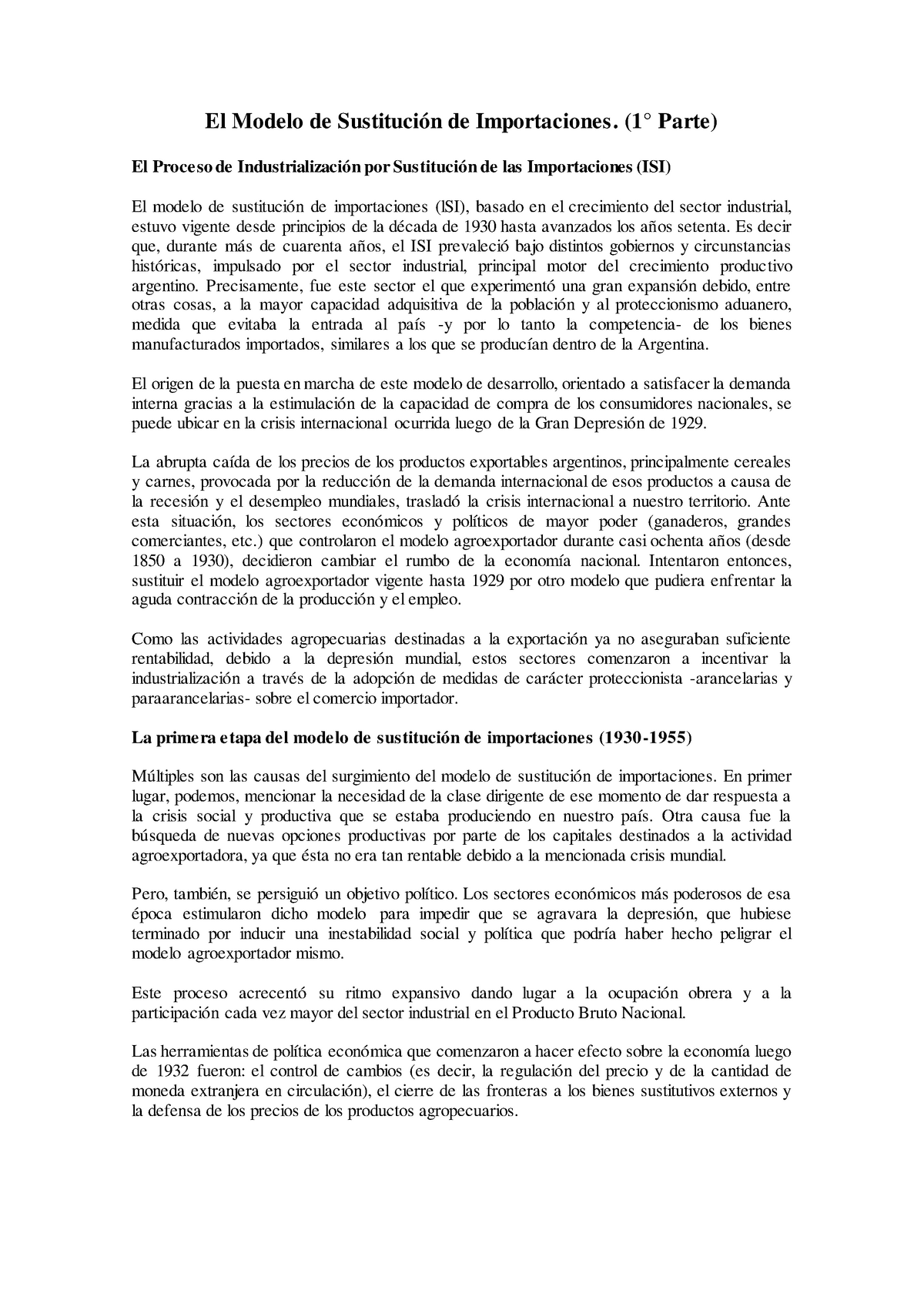 El Modelo de Sustitución de Importaciones en Argentina (1930-1955) - El  Modelo de Sustitución de - Studocu