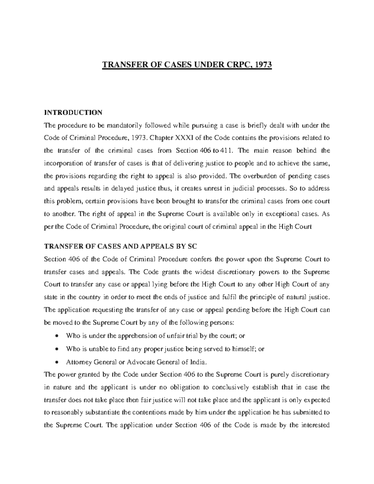 Transfer OF Cases Under CRPC TRANSFER OF CASES UNDER CRPC, 1973