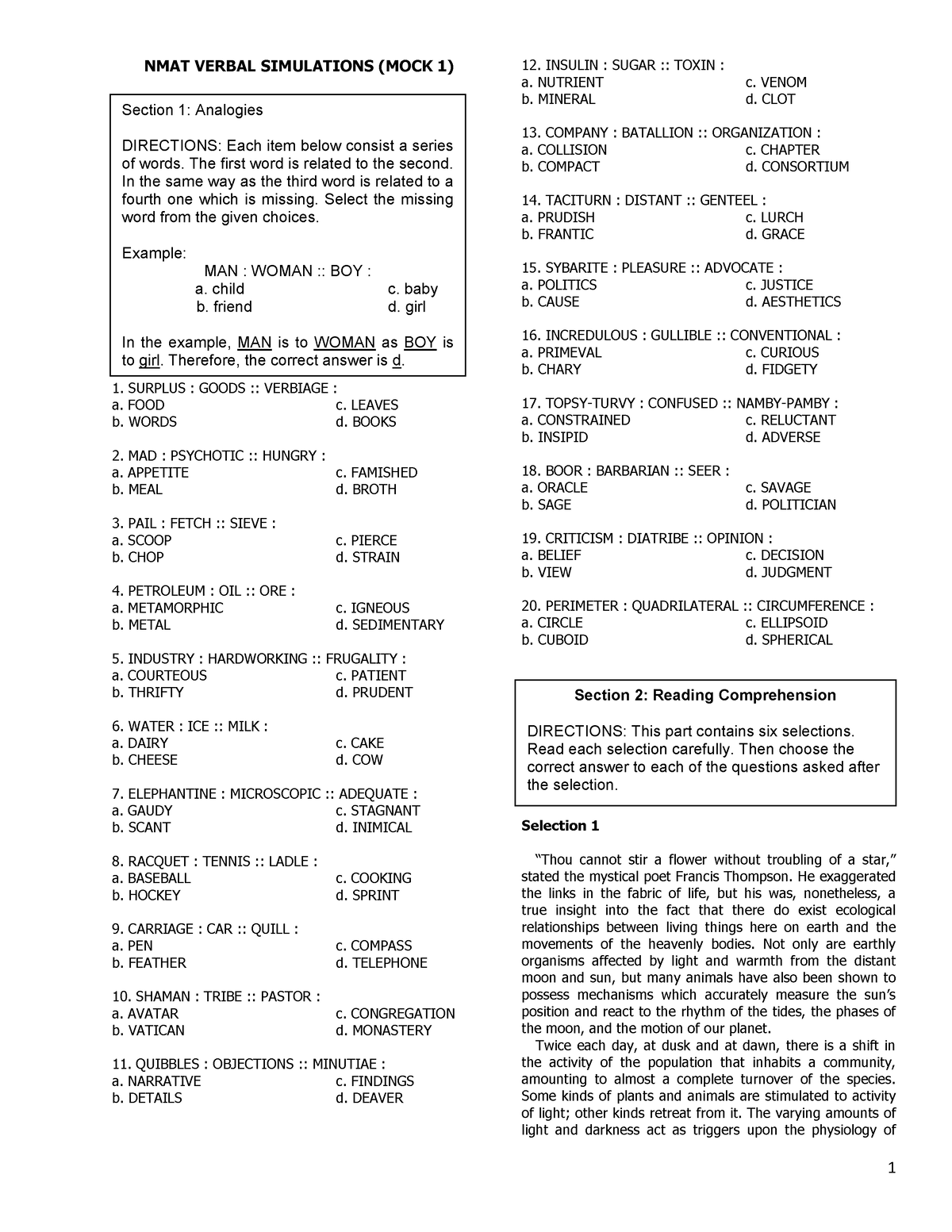 -MOCK- Verbal - NMAT Reviewers - NMAT VERBAL SIMULATIONS (MOCK 1) 1 ...