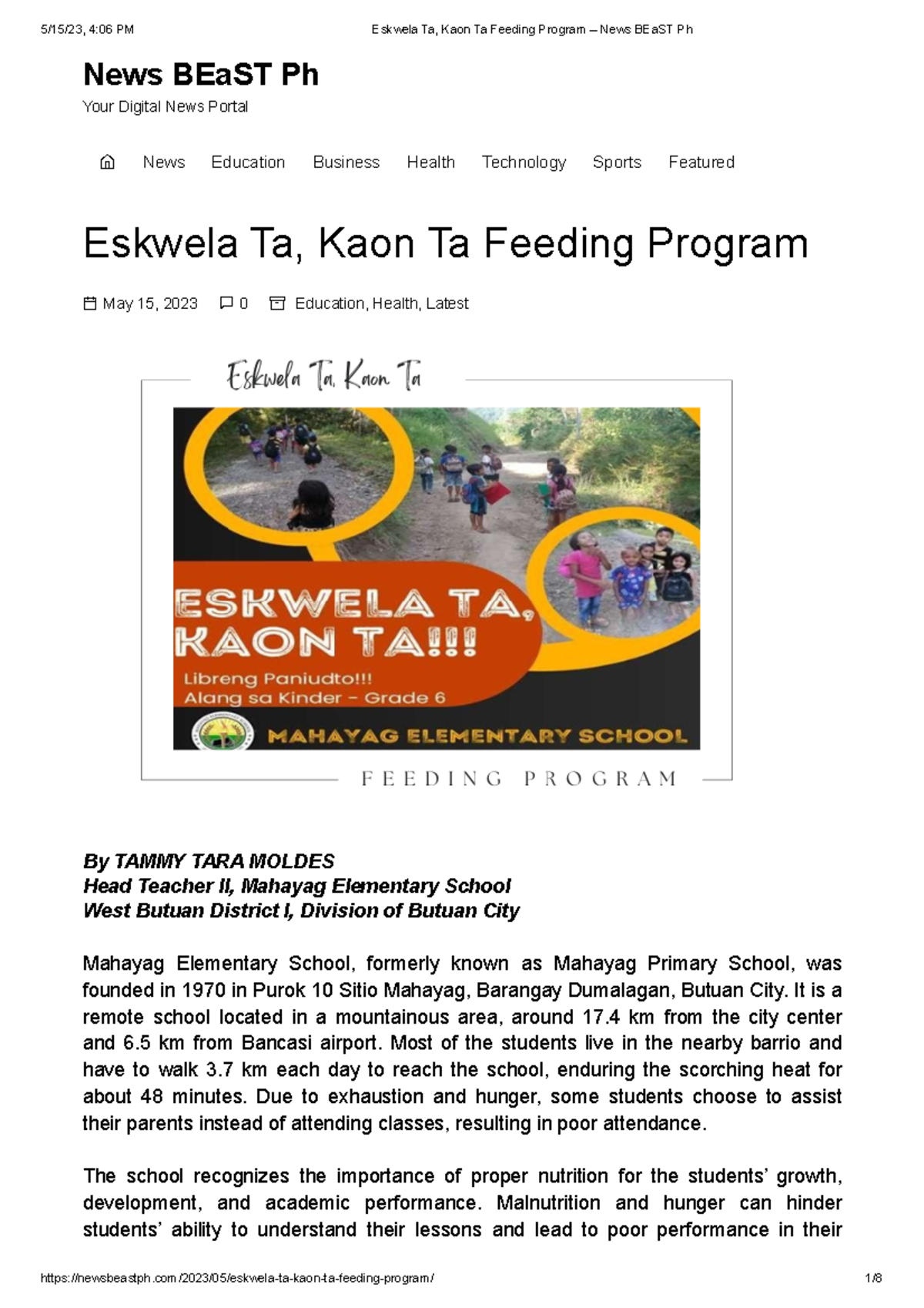 Article Eskwela Ta Kaon Ta Feeding Program - 5/15/23, 4:06 PM Eskwela ...