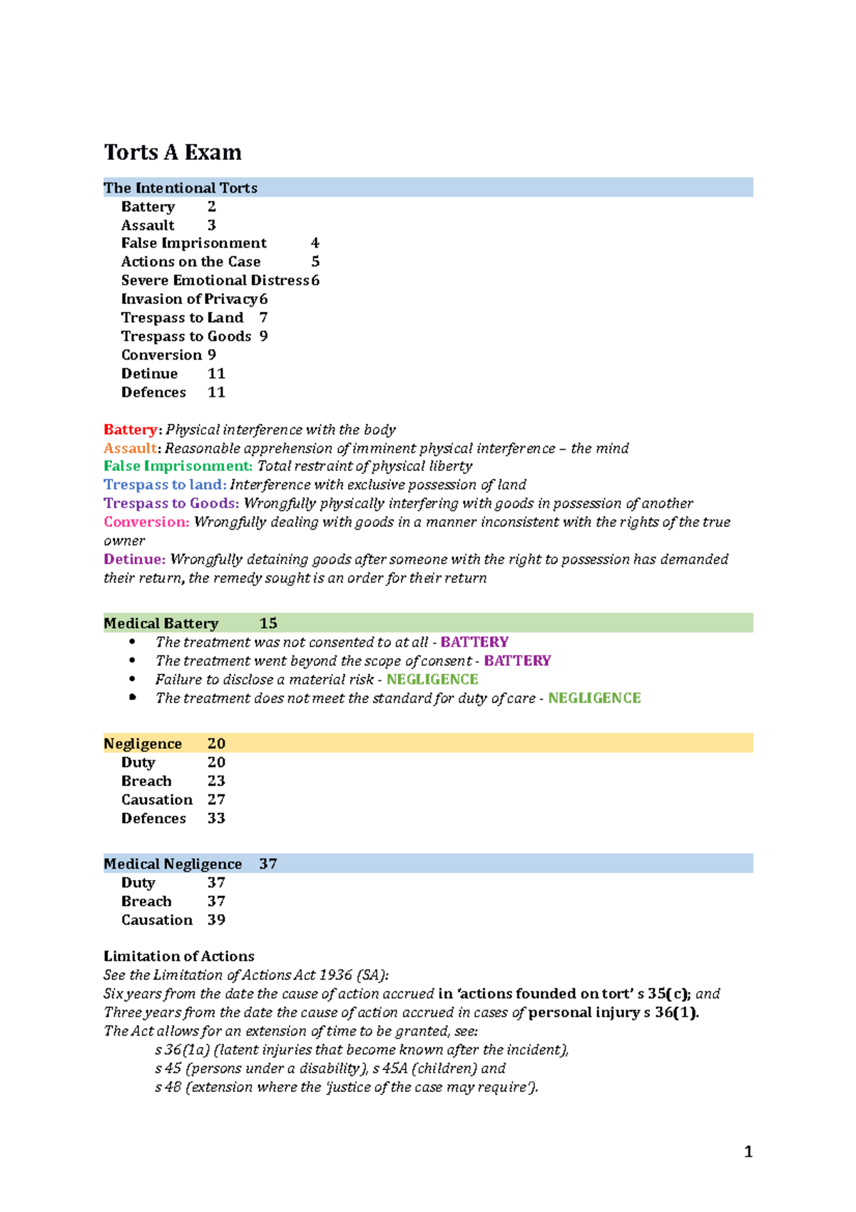 Torts A Exam Notes - Torts A Exam The Intentional Torts Battery 2 ...