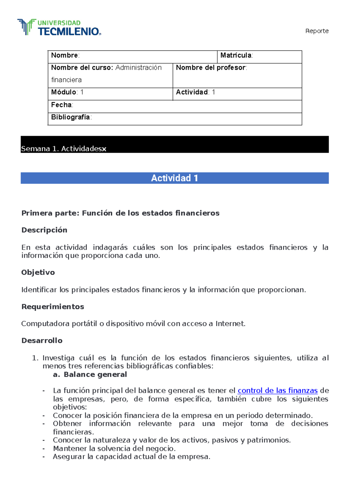 Administración Financiera Act1 semana 1 - Nombre: Matrícula: Nombre del ...