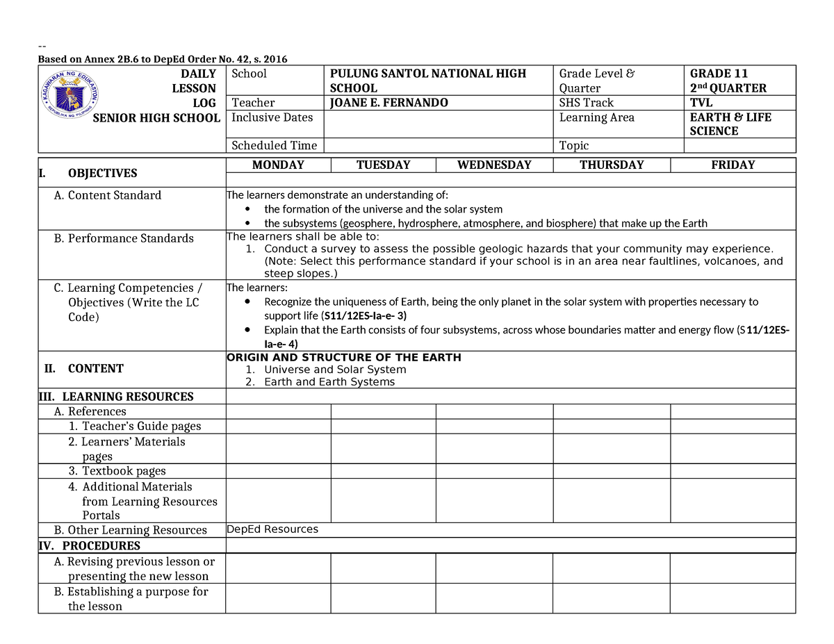 Dll-template - Template - Based On Annex 2B To DepEd Order No. 42, S ...