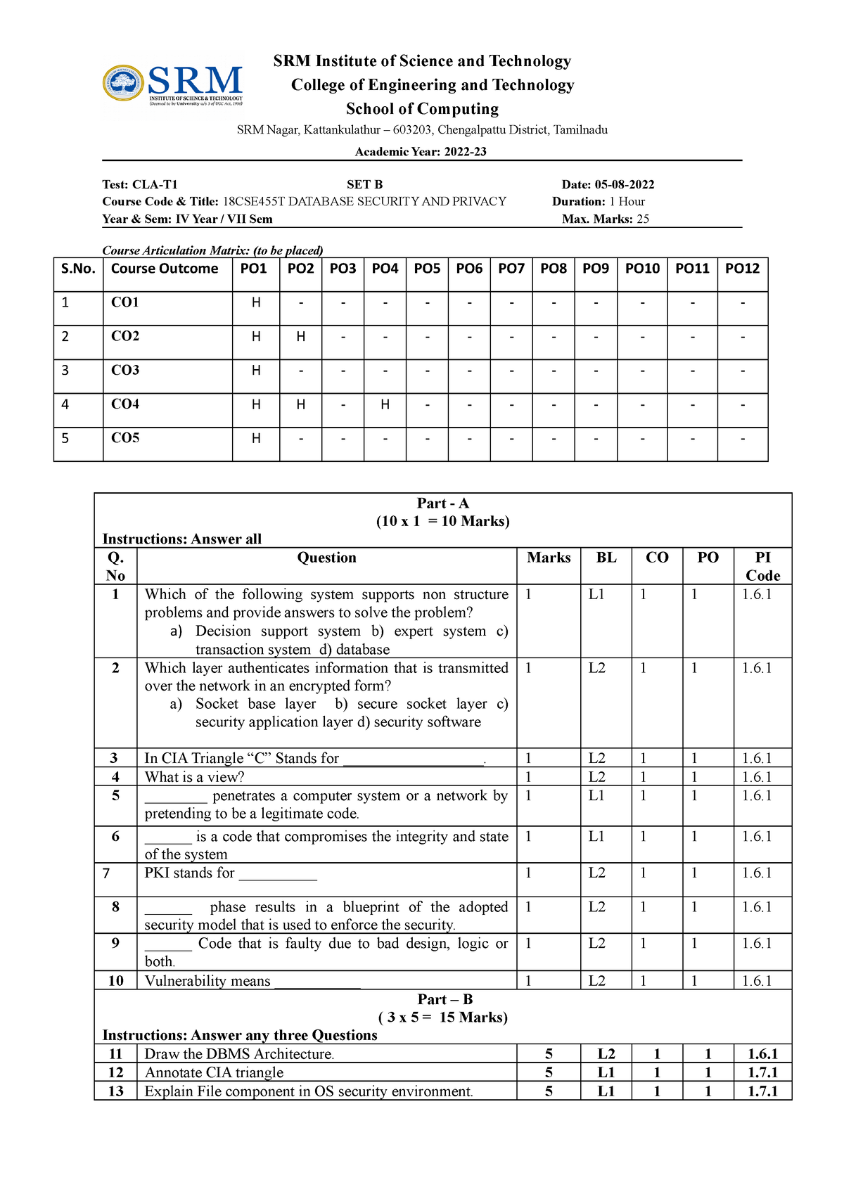 SET B - SET B. - SRM Institute Of Science And Technology College Of ...