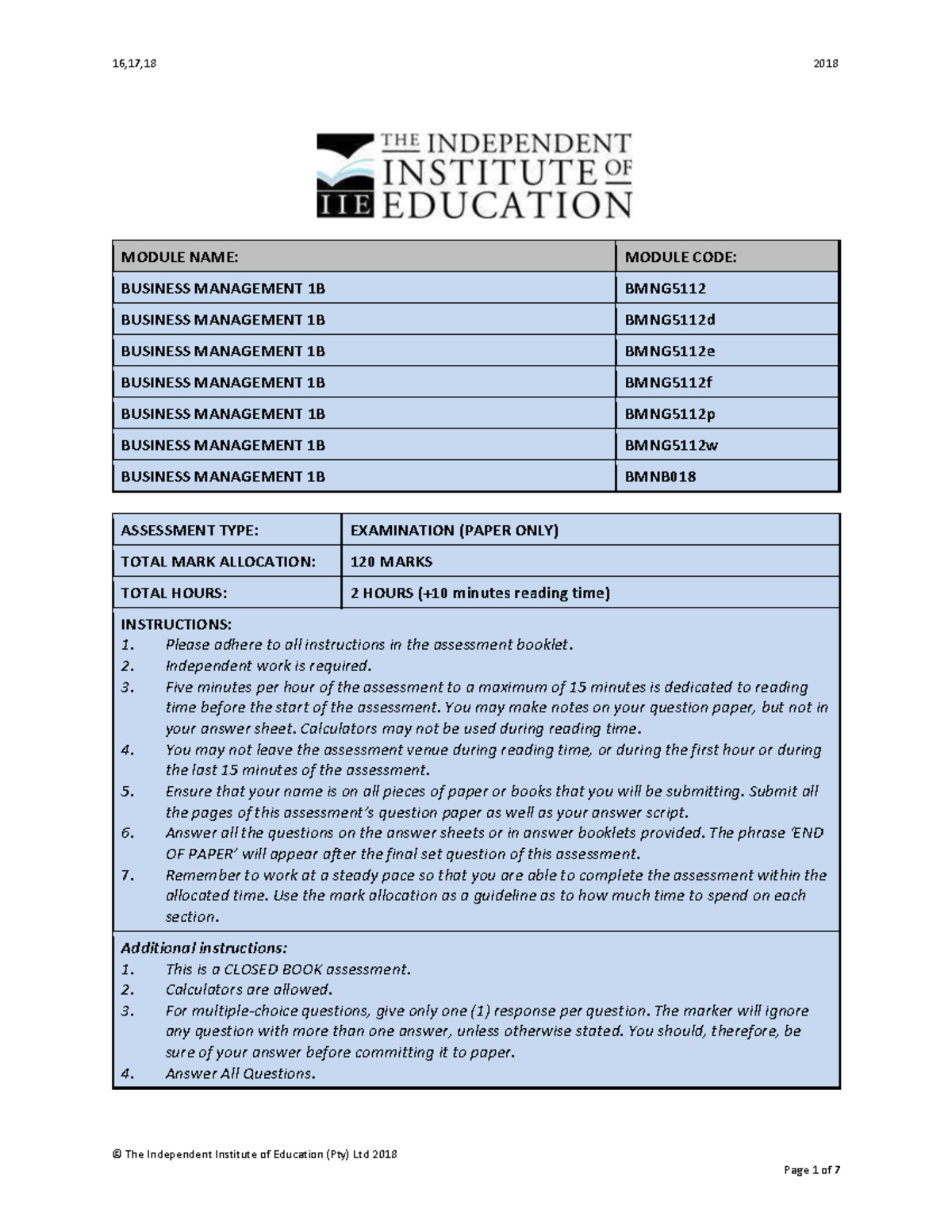BMNG5112 Ea - PAST PAPER - MODULE NAME: MODULE CODE: BUSINESS ...