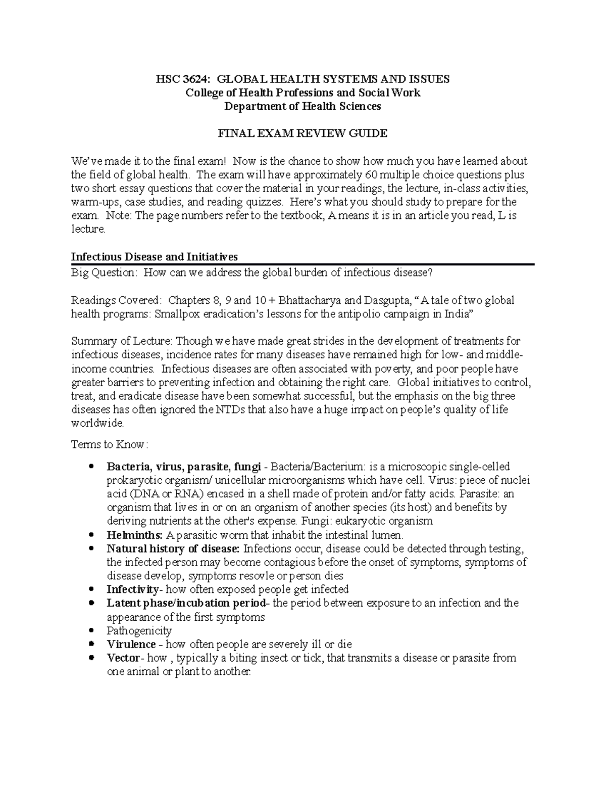 Final Review Guide 1 2 HSC 3624 GLOBAL HEALTH SYSTEMS AND ISSUES