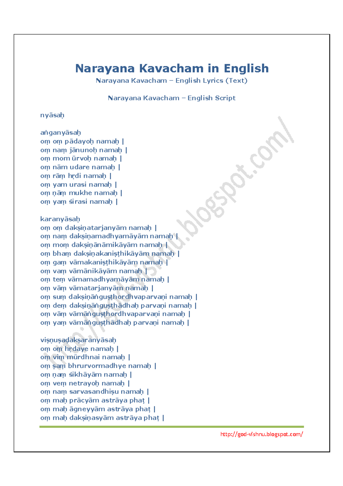 Narayana Kavachamin English Narayana Kavacham in English Narayana