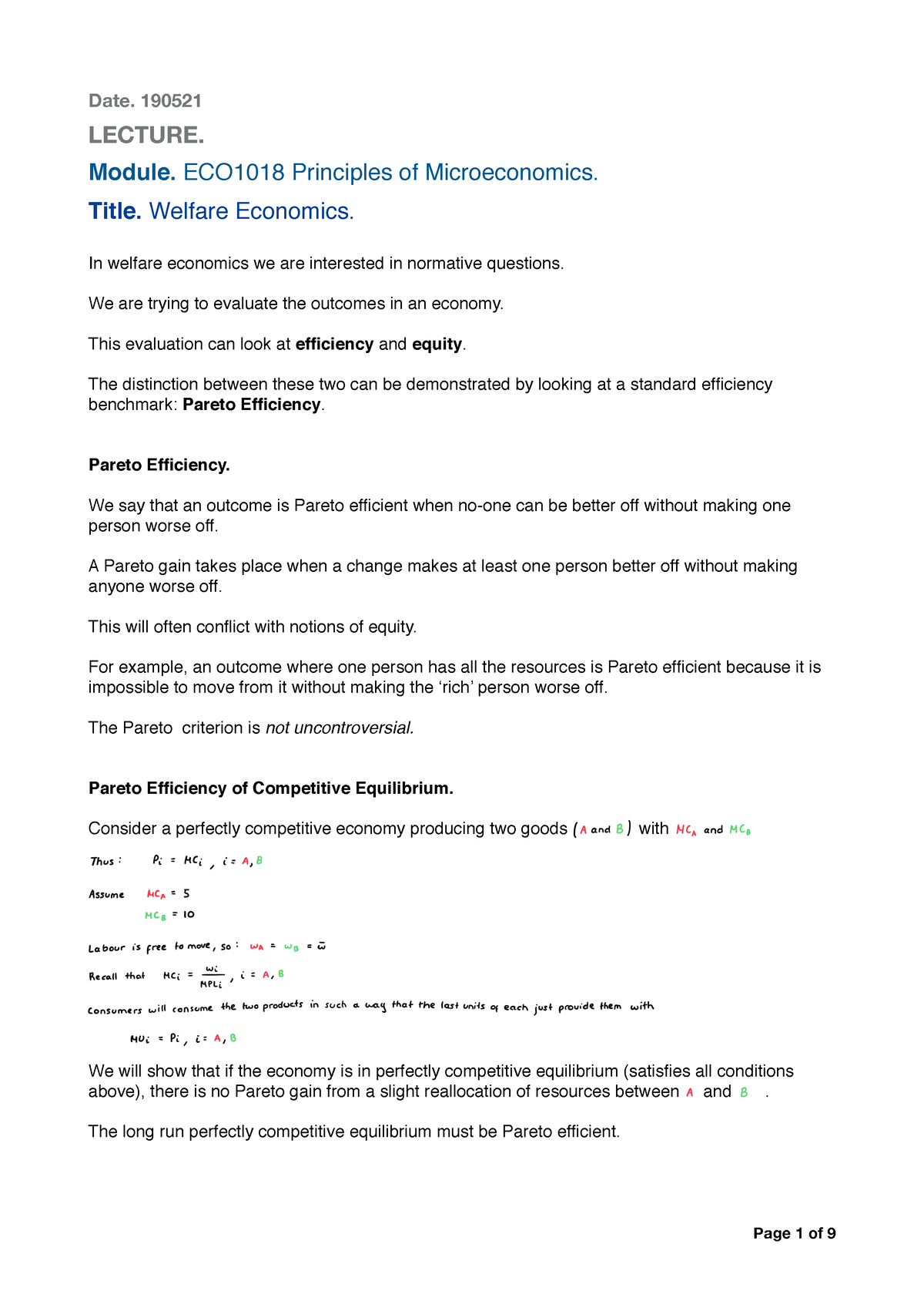 190521-ECO1018-9-LECT-B-Welfare Economics - Date. 190521 LECTURE ...