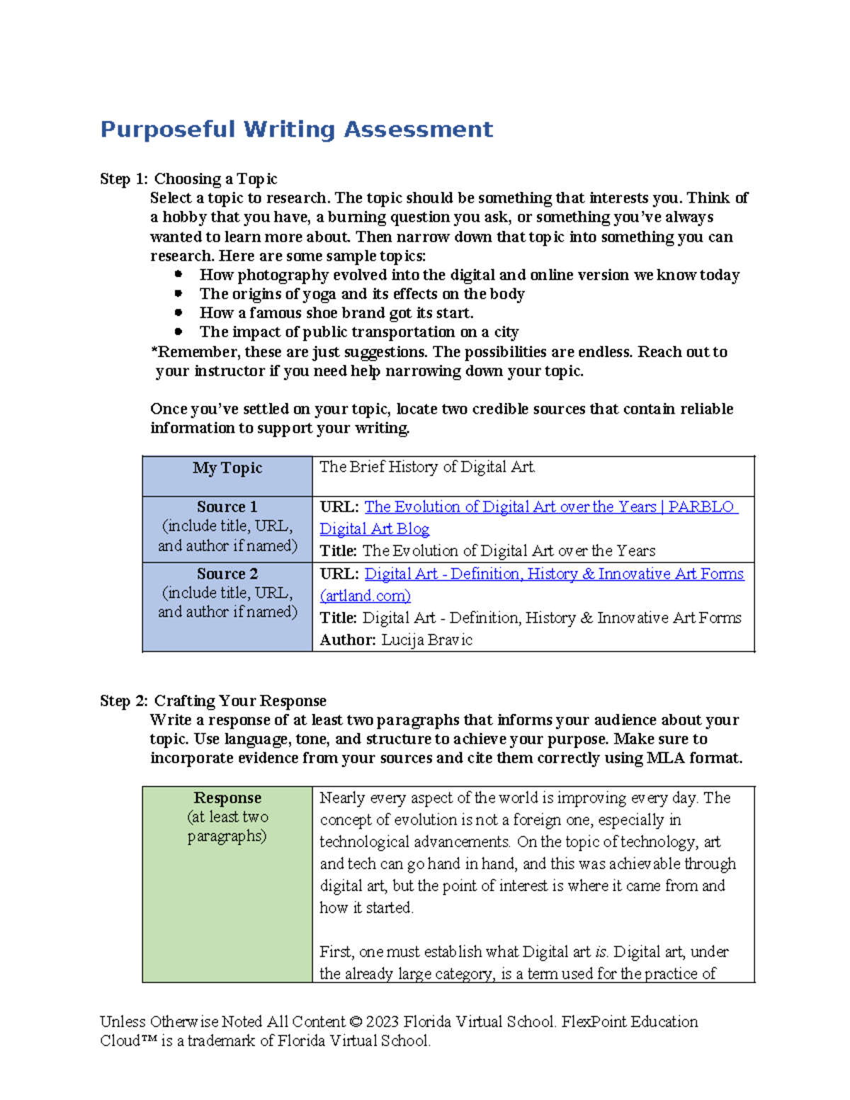 01 03 purposeful writing - Purposeful Writing Assessment Step 1 ...