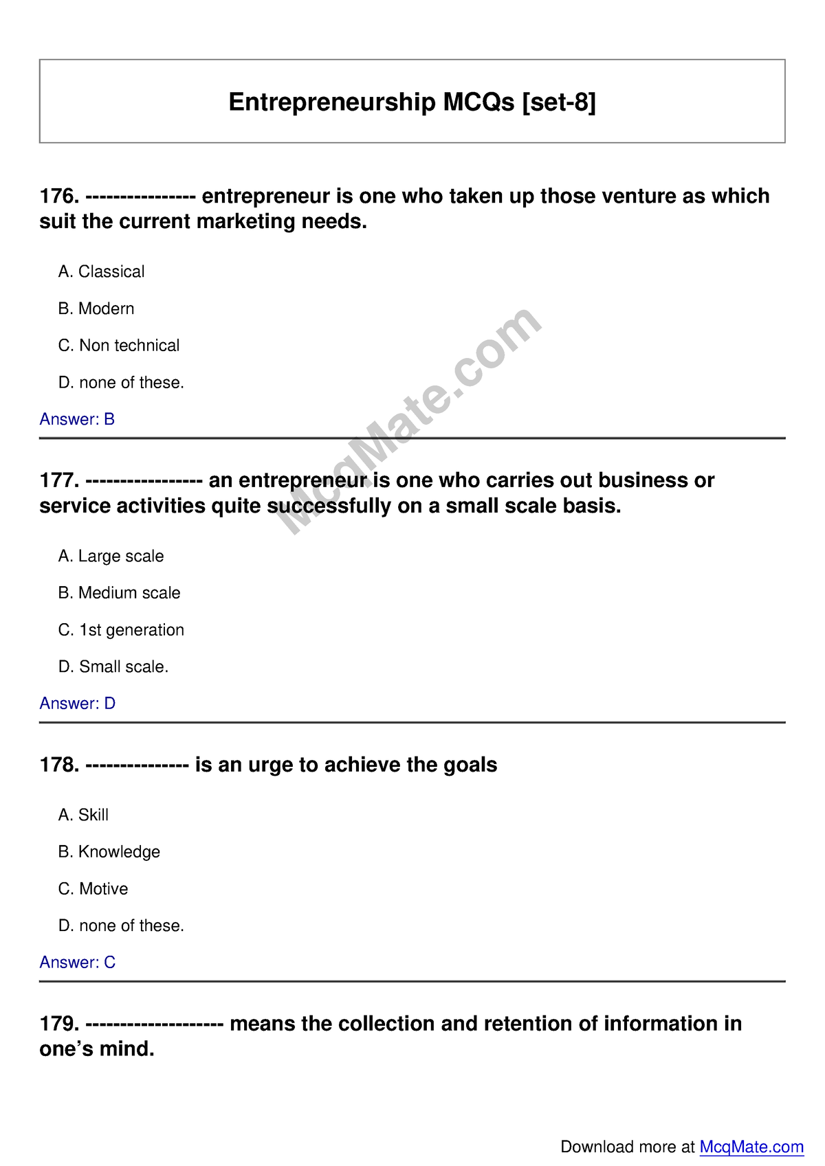 Entrepreneurship Solved MCQs [set-8] Mcq Mate - Entrepreneurship MCQs ...