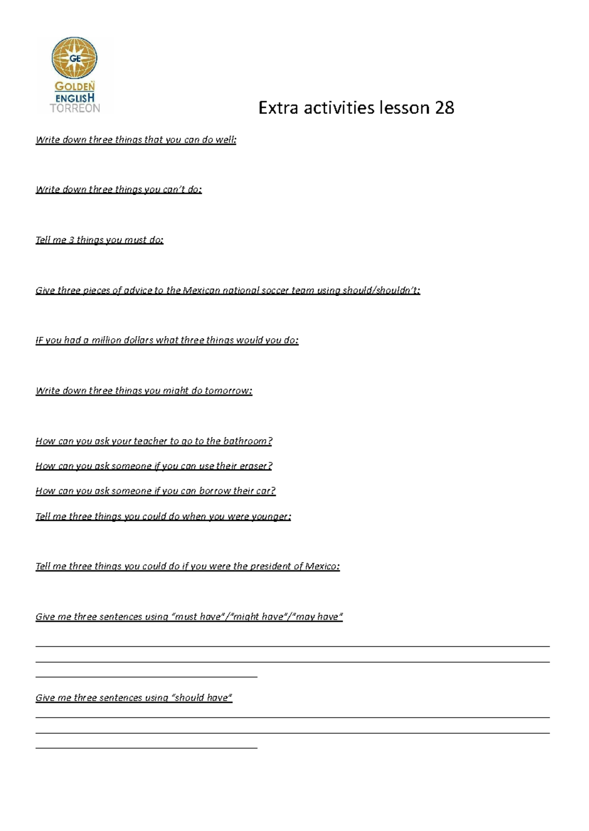 Extra activities lesson 28 - Studocu