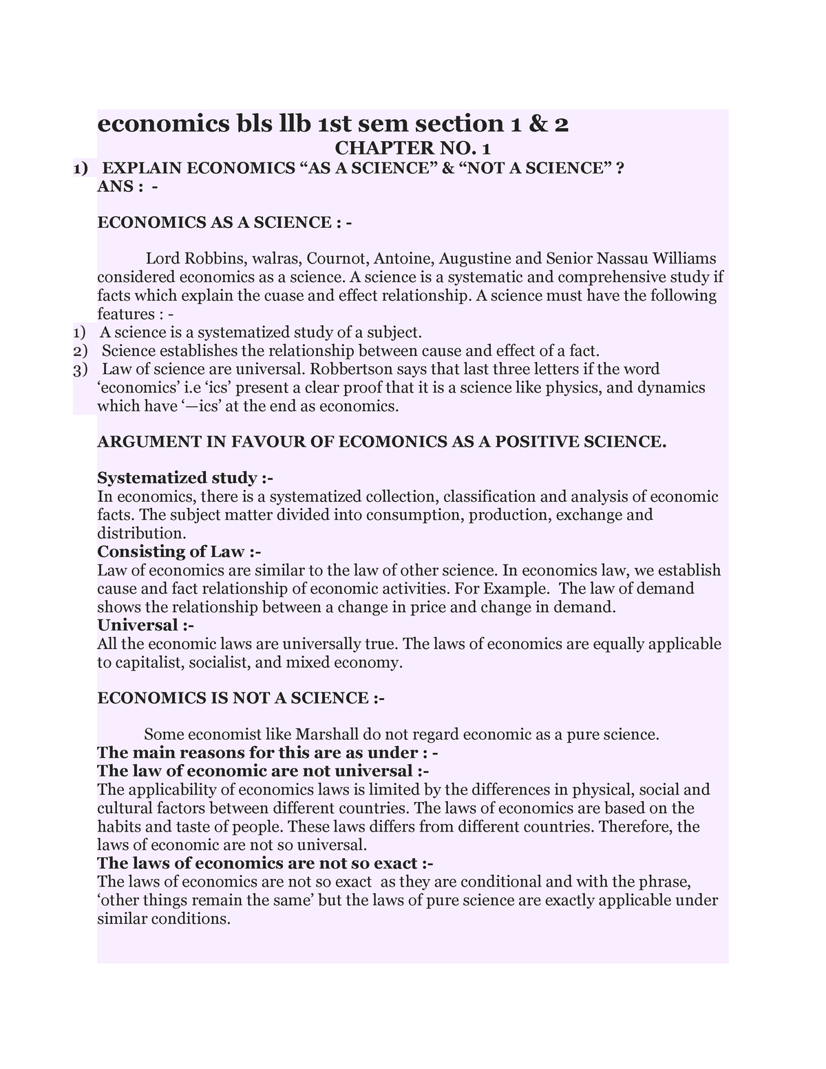 Economics Bls Llb 1st Sem Section 1 - 1 1) EXPLAIN ECONOMICS “AS A ...