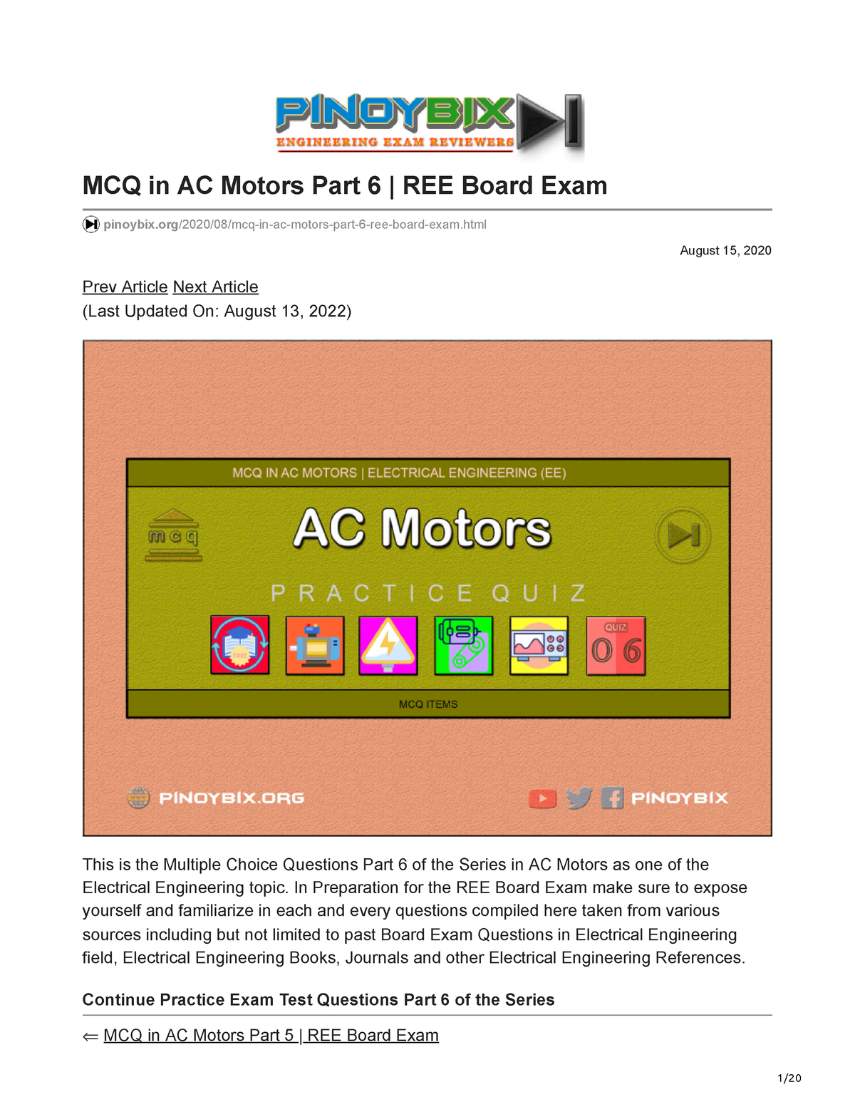 Pinoybix.org-MCQ In AC Motors Part 6 REE Board Exam - August 15, 2020 ...