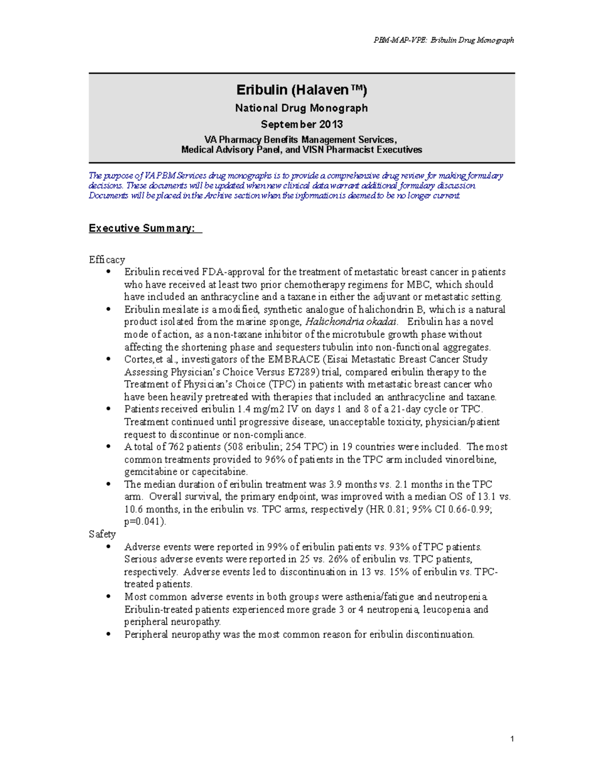 Eribulin Drug Monograph - Eribulin (Halaven™) National Drug Monograph ...