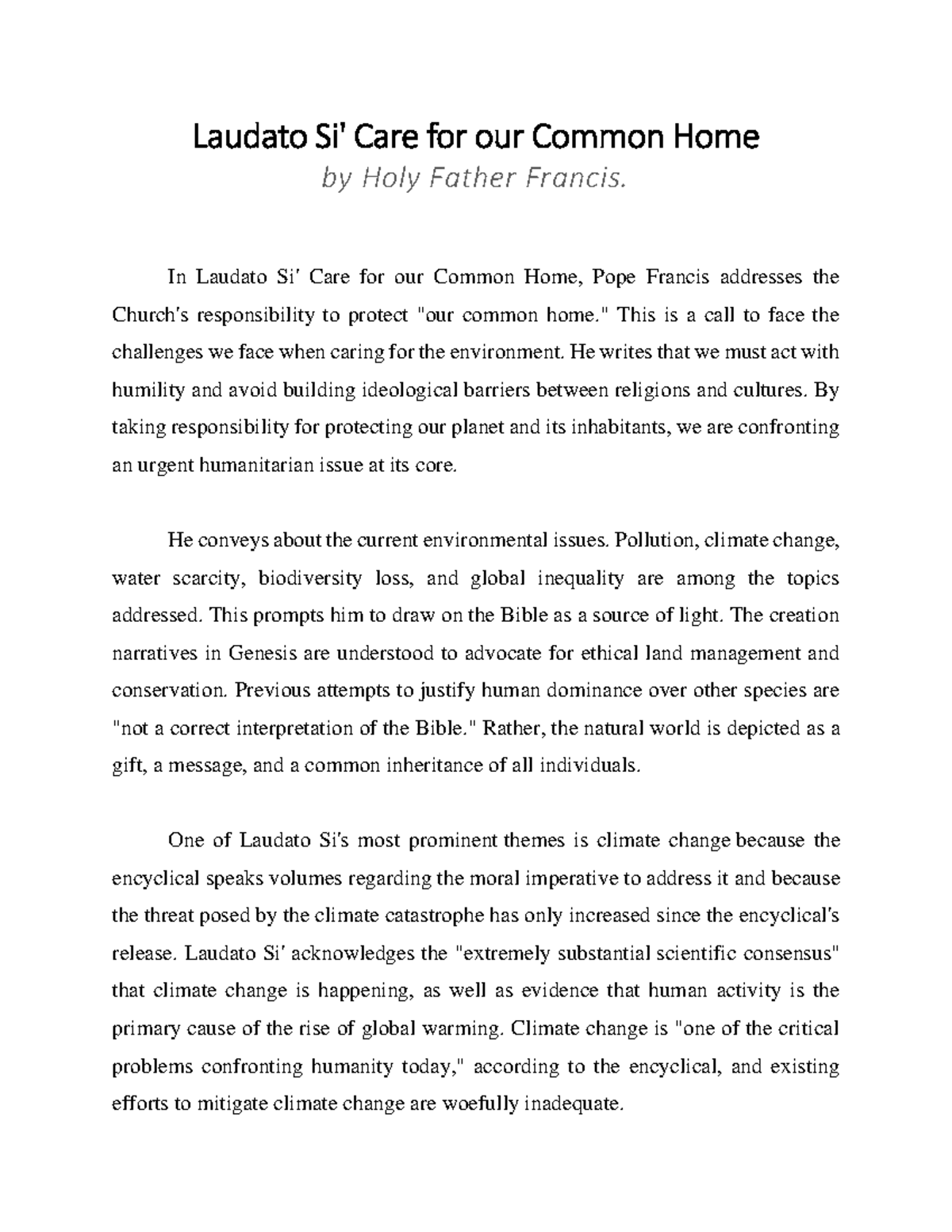 Assignment 2 - Laudato Si' Care for our Common Home by Holy Father ...
