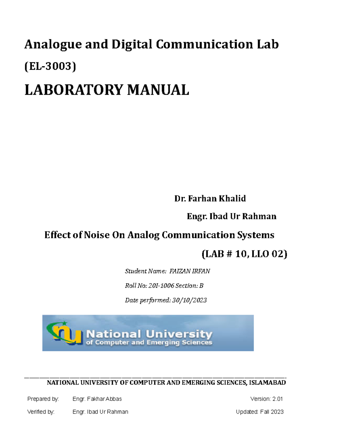 ADC Lab 10 Effect of Noise AM Analogue and Digital Communication Lab