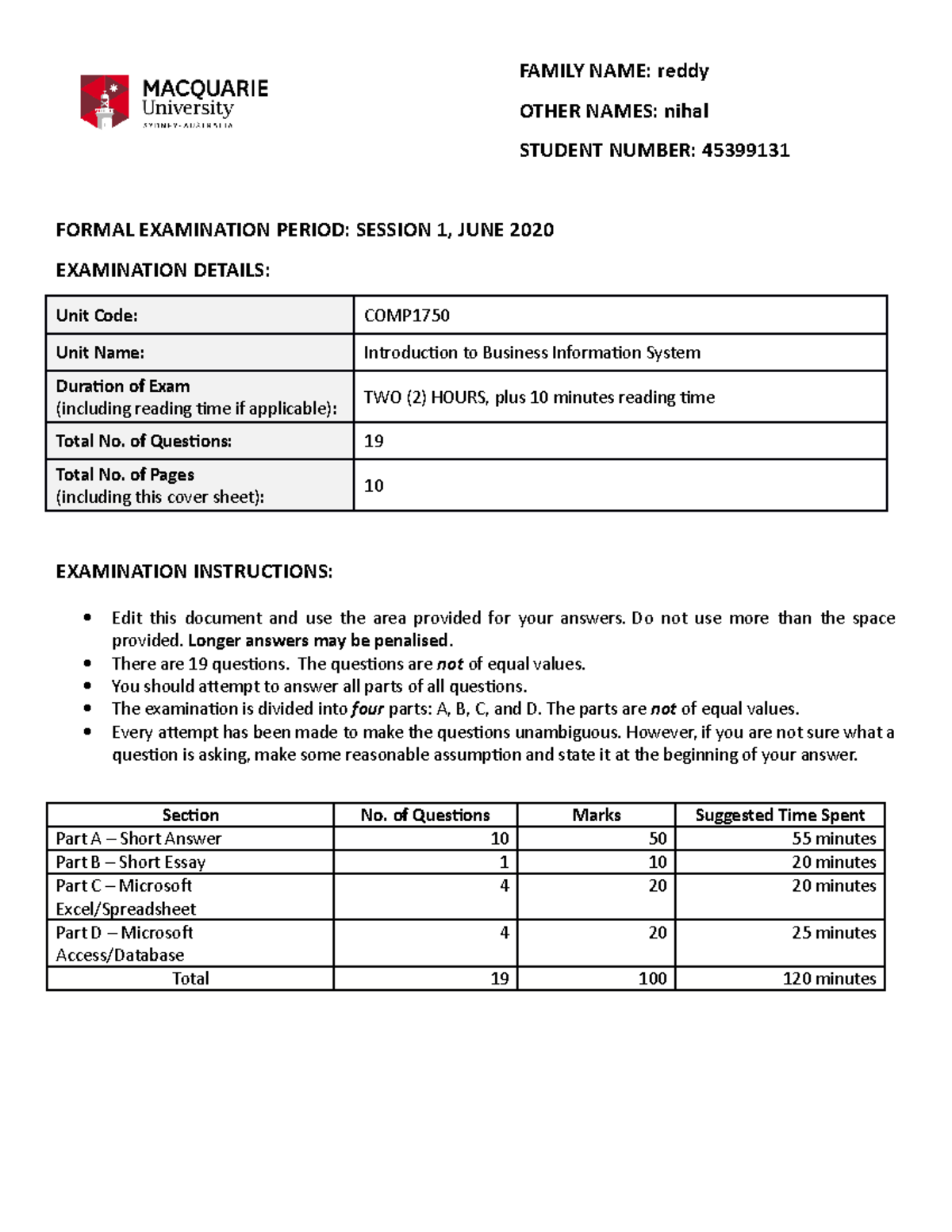 Final Exam 2020 - FAMILY NAME: reddy OTHER NAMES: nihal STUDENT NUMBER ...
