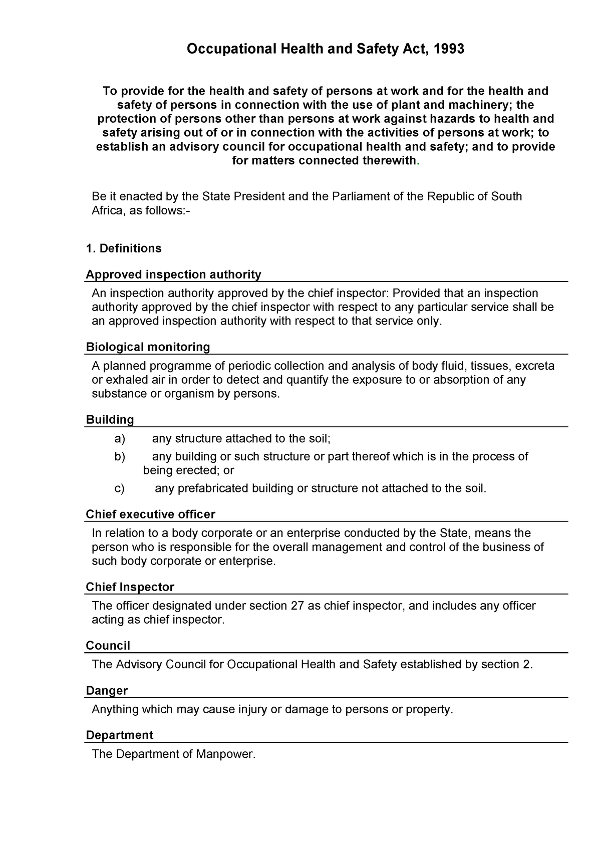 Occupational Health and Safety Act, 1993 - Be it enacted by the State ...