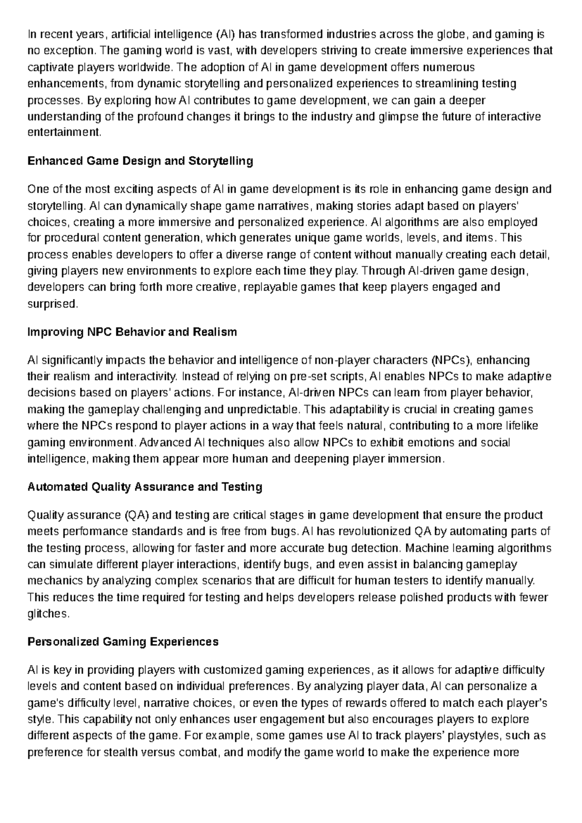 AI on Game Development - In recent years, artificial intelligence (AI ...