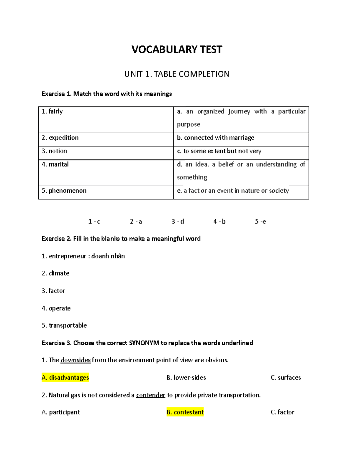 Vocab test unit alo VOCABULARY TEST UNIT 1. TABLE COMPLETION