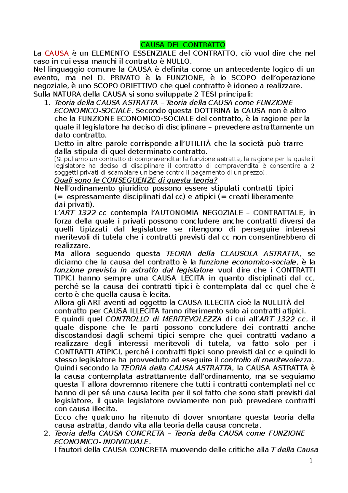 Causa DEL Contratto - DIRITTO CIVILE 1 - 1 CAUSA DEL CONTRATTO La CAUSA ...