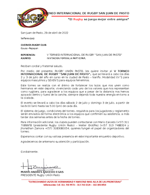 Carta Invitación Torneo R - V TORNEO INTERNACIONAL DE RUGBY SAN JUAN DE  PASTO “El Rugby se juega - Studocu