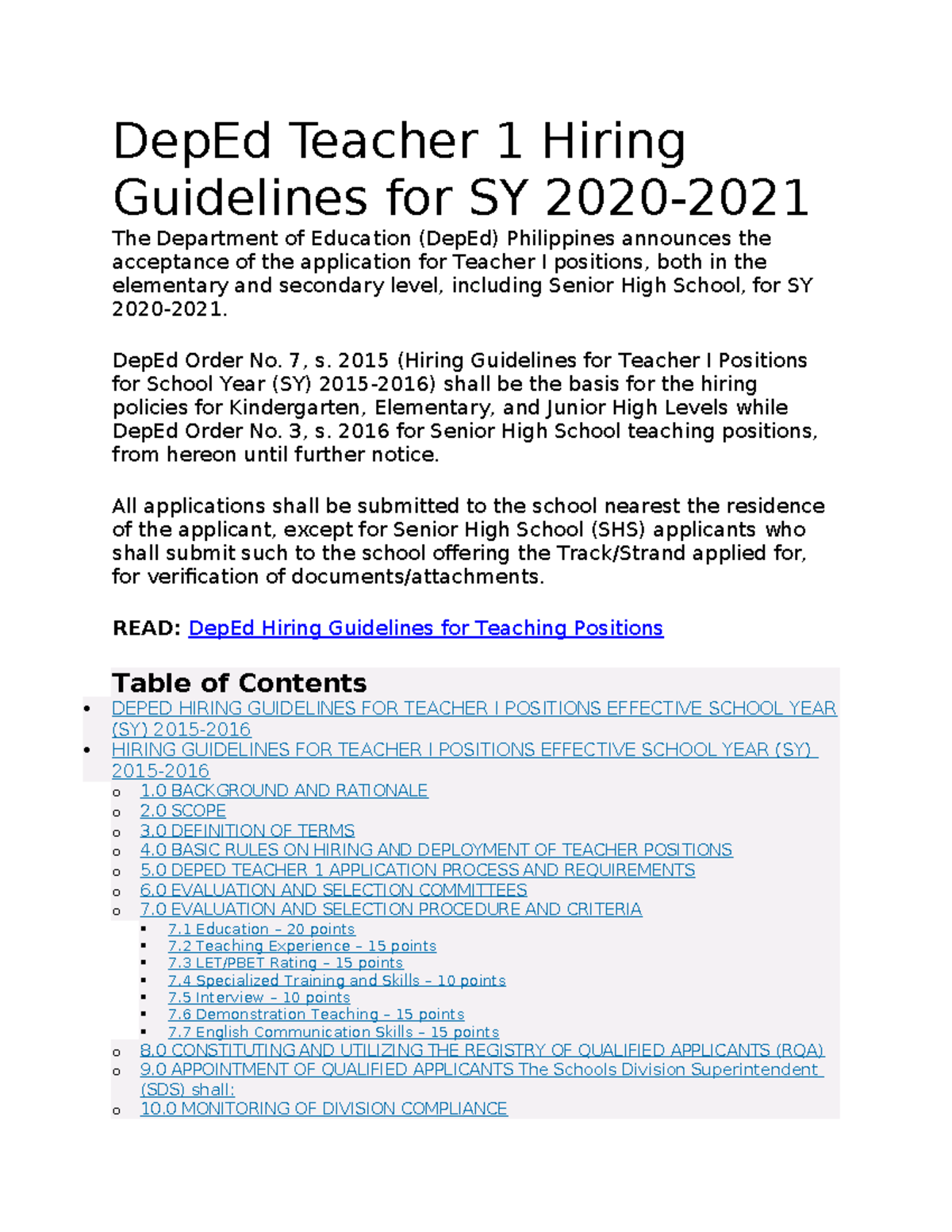 Dep Ed Teacher 1 Hiring Guidelines for SY 2020 - DepEd Order No. 7, s ...