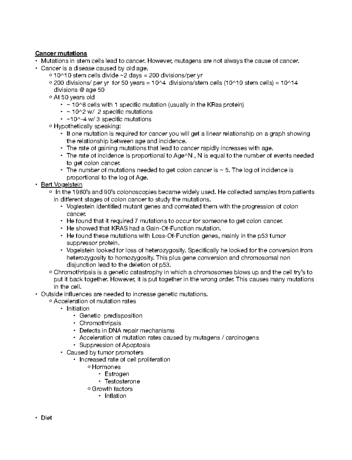 Cancer bio LEC 5 Lecture 5 Cancer mutations Mutations in stem cells