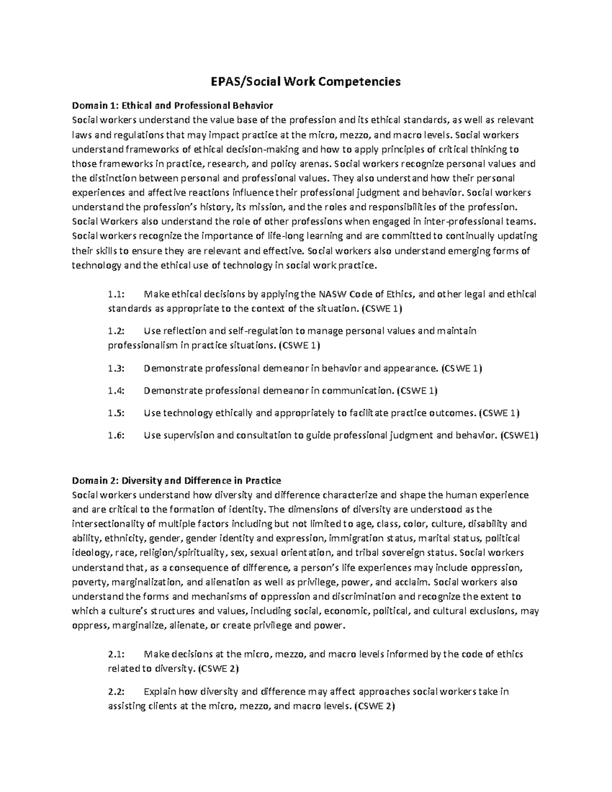 Soc386 notes EPAS/Social Work Competencies Domain 1 Ethical and