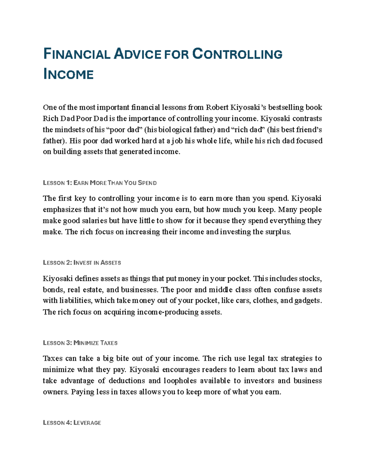 Financial Advices - Summary - FINANCIAL ADVICE FOR CONTROLLING INCOME ...