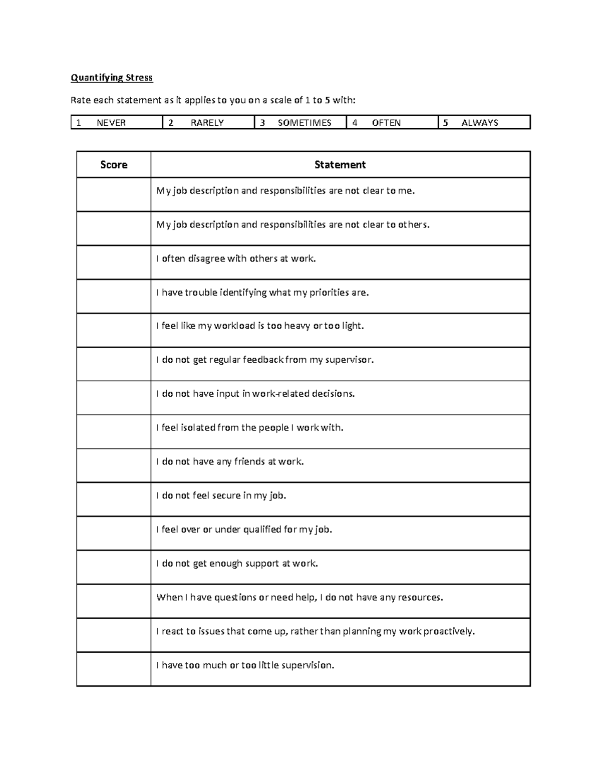 Quantifying Stress - Quantifying Stress Rate each statement as it ...