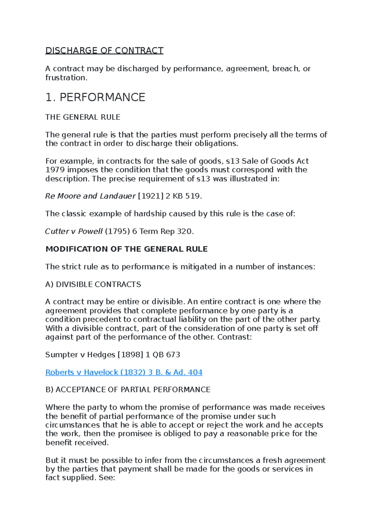 Discharge Of Contract Lecture Notes - Discharge Of Contract A Contract 