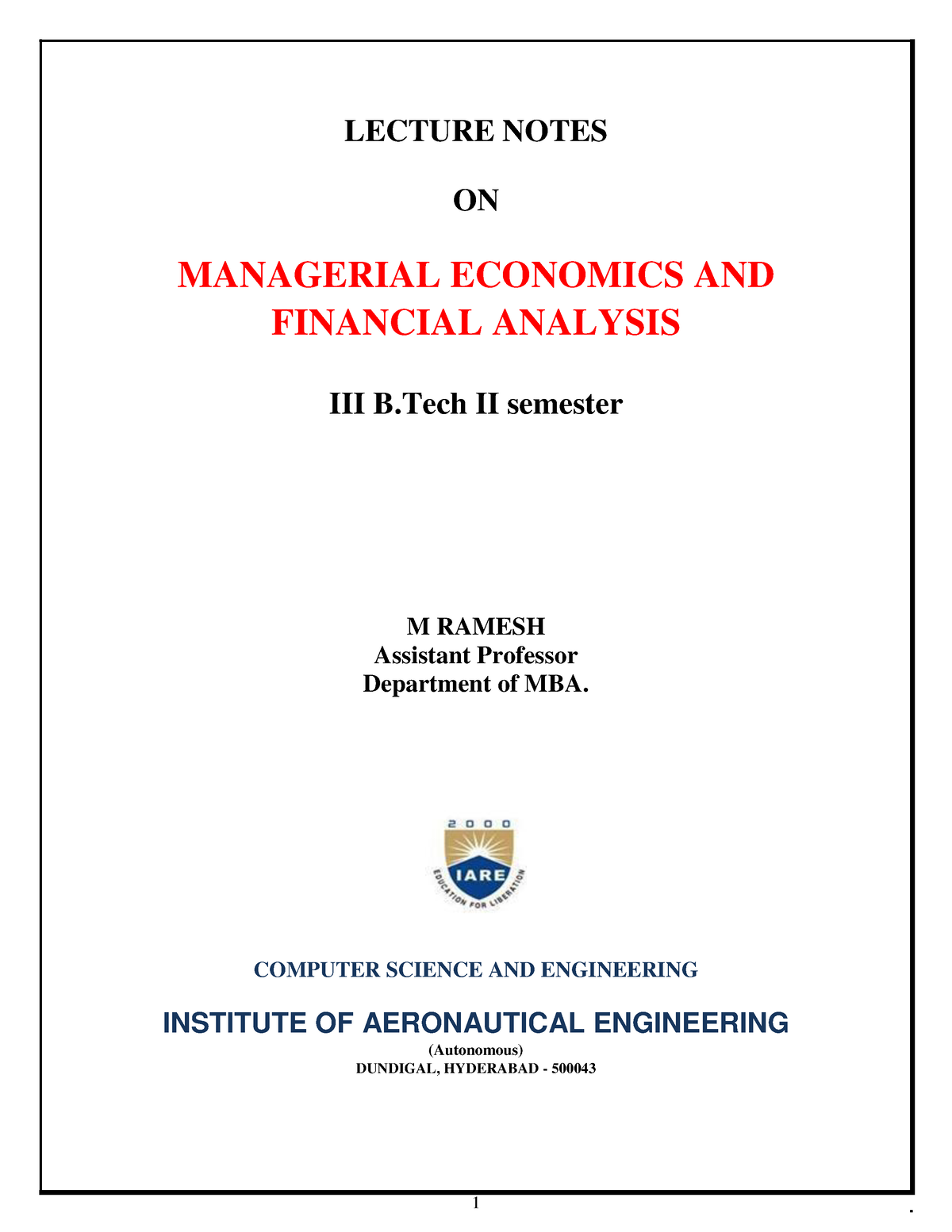 Lecture Notes 1 - LECTURE NOTES ON MANAGERIAL ECONOMICS AND FINANCIAL ...