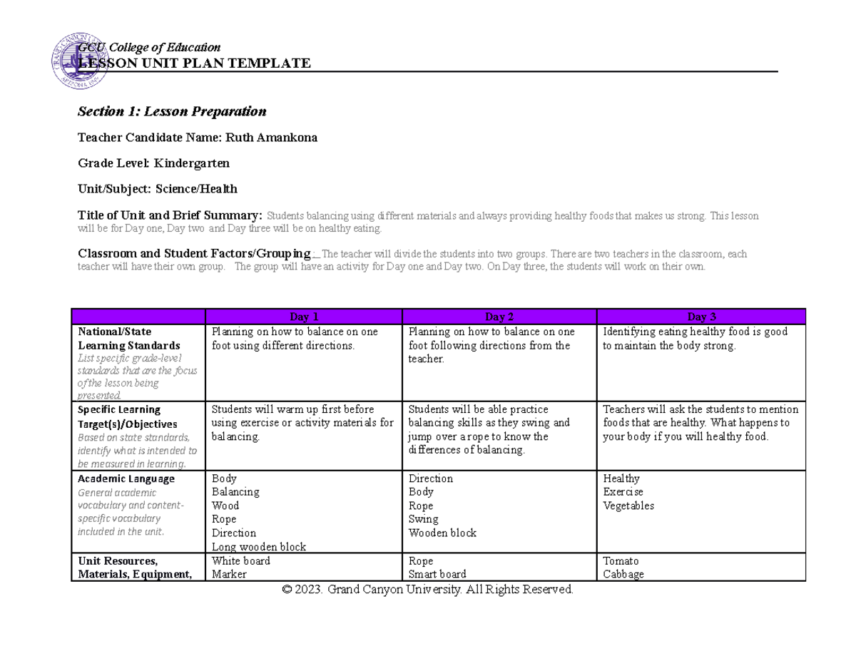 Bench 7 - GCU College Of Education LESSON UNIT PLAN TEMPLATE Section 1 ...