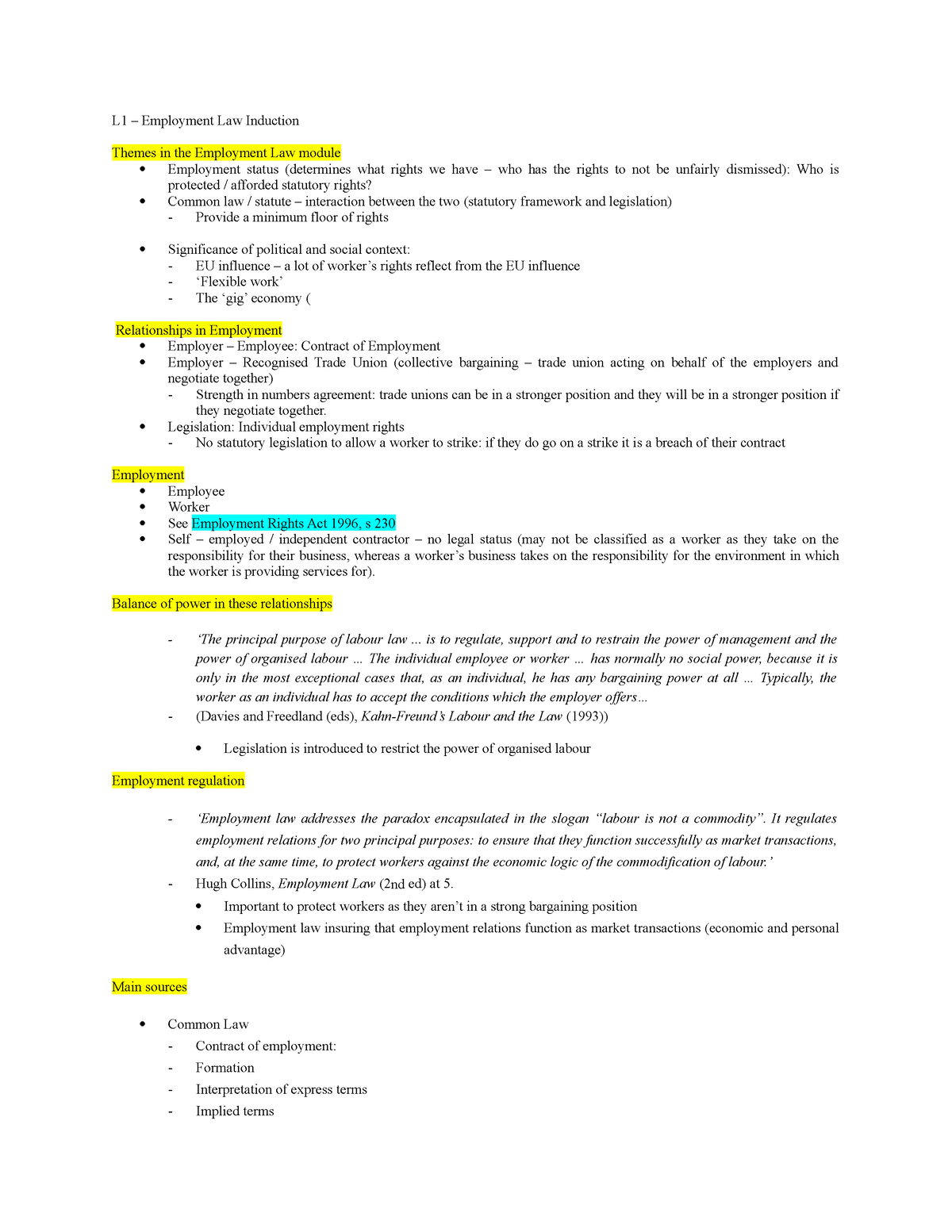 L1 - Employment Law Introduction - L1 – Employment Law Induction Themes ...