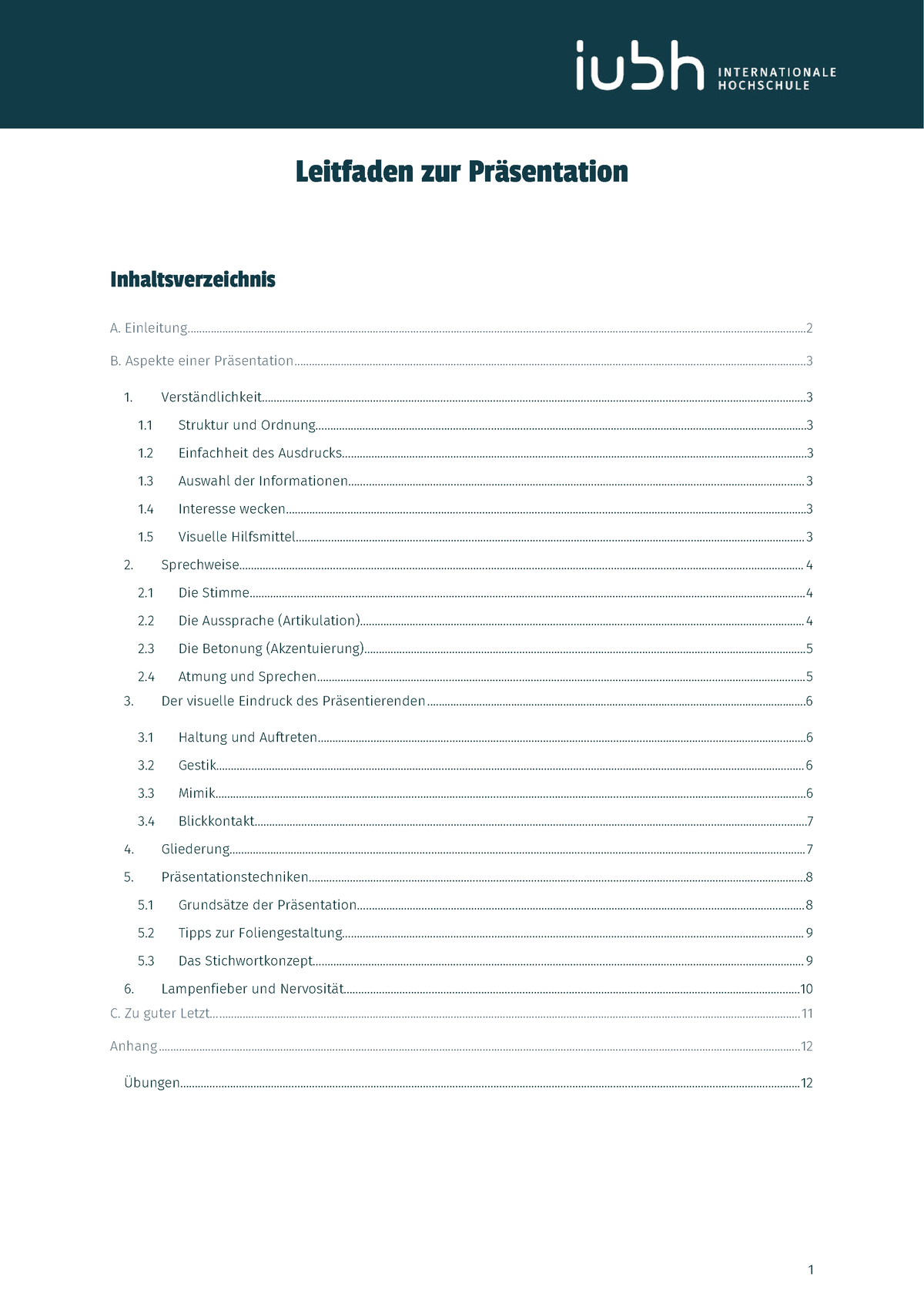 Dlbka 01 leitfaden prasentation - Leitfaden zur Präsentation A. Einleitung Inhaltsverzeichnis B 