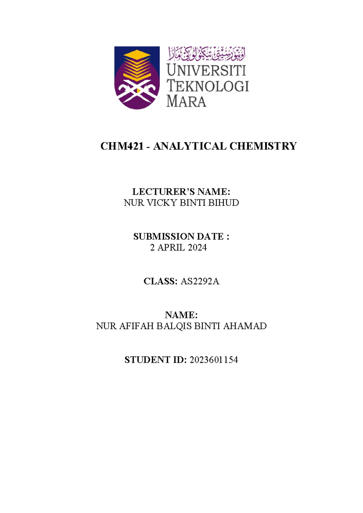 lab report experiment 9 chm421