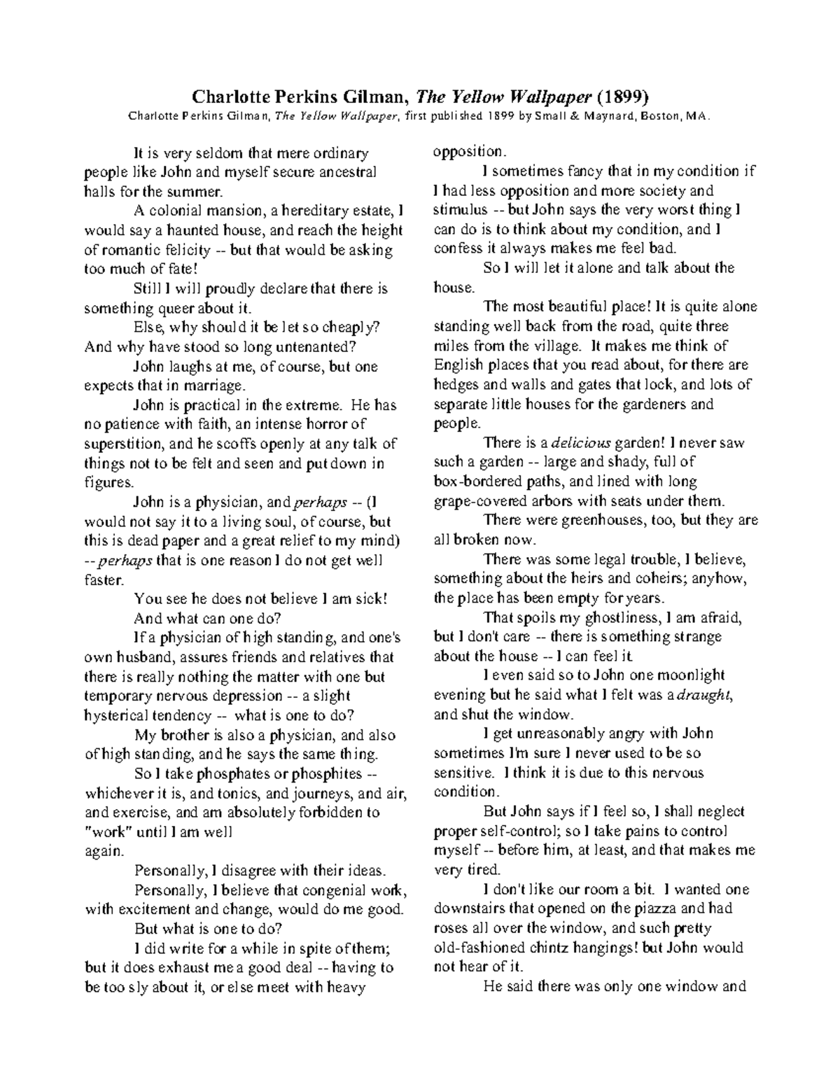 The Yellow Wallpaper C.P. Gilman Charlotte Perkins Gilman, The Yellow